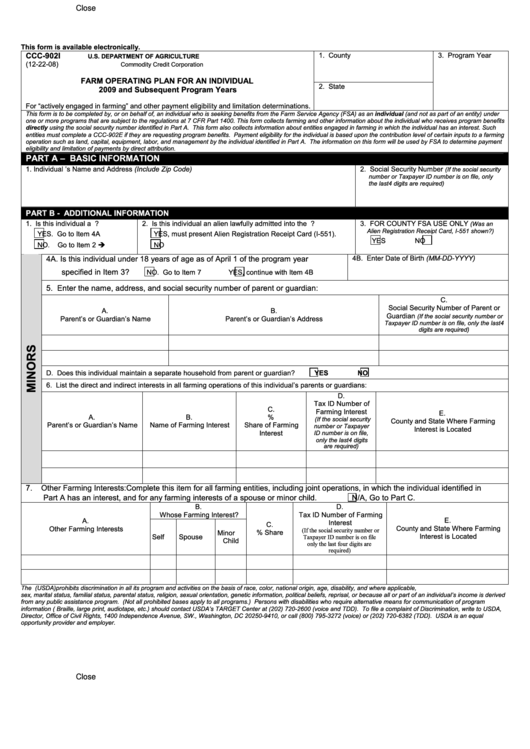 Fillable Form Ccc-902i - Farm Operating Plan For An Individual 2009 And Subsequent Program Years Printable pdf