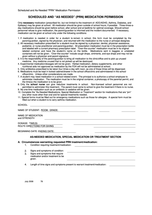Scheduled And "As Needed" (Prn) Medication Permission Form Printable pdf