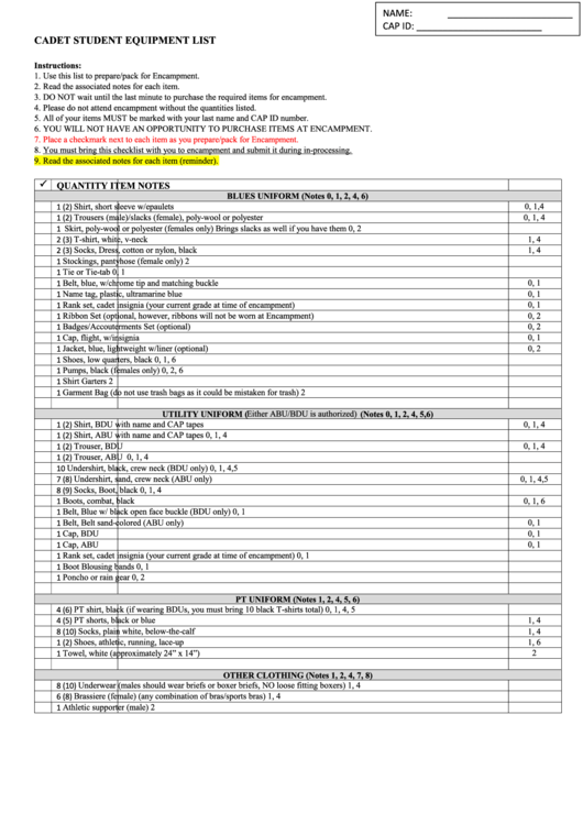 Cadet Student Equipment List Printable pdf