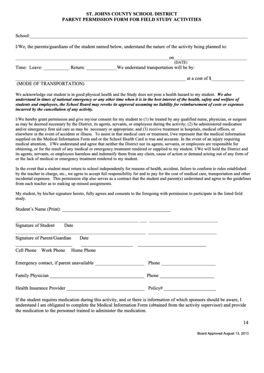 Parent Permission For Field Study Activities Form Printable pdf