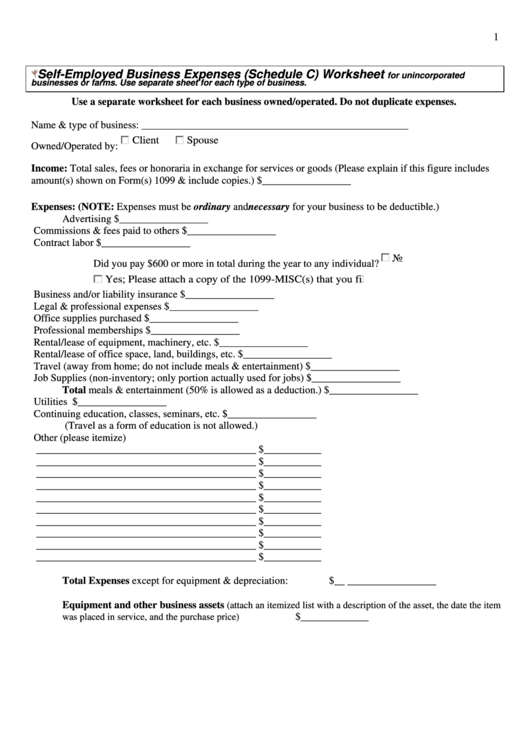 Self-employed Business Expenses (schedule C) Worksheet For For Unincorporated Businesses Or Farms