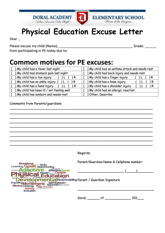 Sample Physical Education Excuse Letter Template Printable pdf