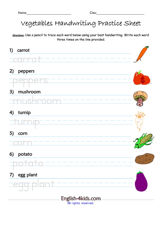 Vegetables Handwriting Practice Sheet Printable pdf