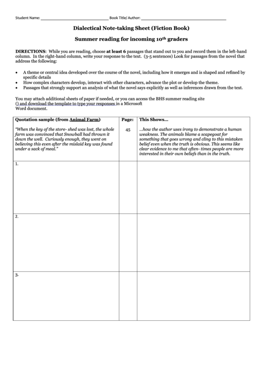 Dialectical Note-taking Sheet (fiction Book) Summer Reading For Incoming 10th Graders