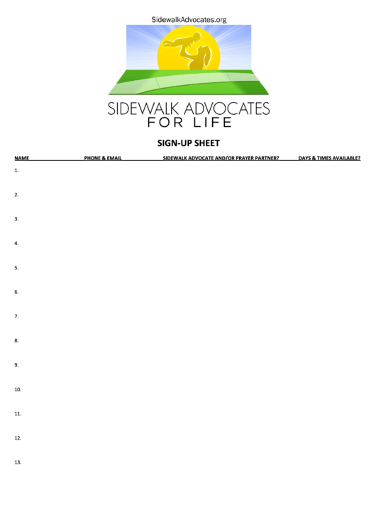 Sidewalk Advocates Sign-Up Sheet Template Printable pdf