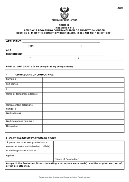 Fillable Form 10 - Affidavit Regarding Contravention Of Protection Order - Republic Of South Africa Printable pdf
