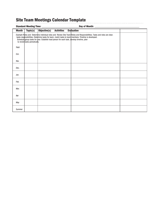Site Team Meetings Calendar Template Printable pdf