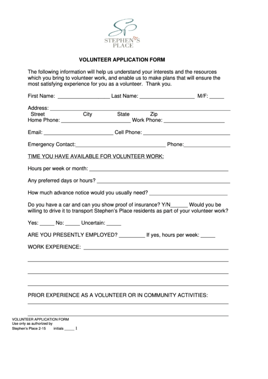 Volunteer Application Form Printable Pdf Download 6745