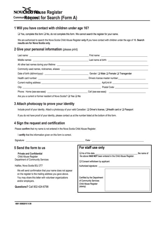 Fillable Child Abuse Register Request For Search (Form A) Printable pdf