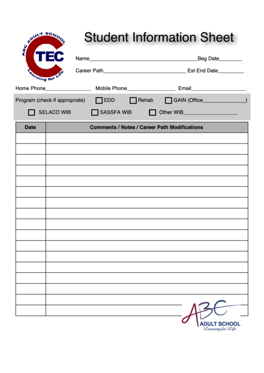 Student Information Sheet - Abc Adult School Printable pdf