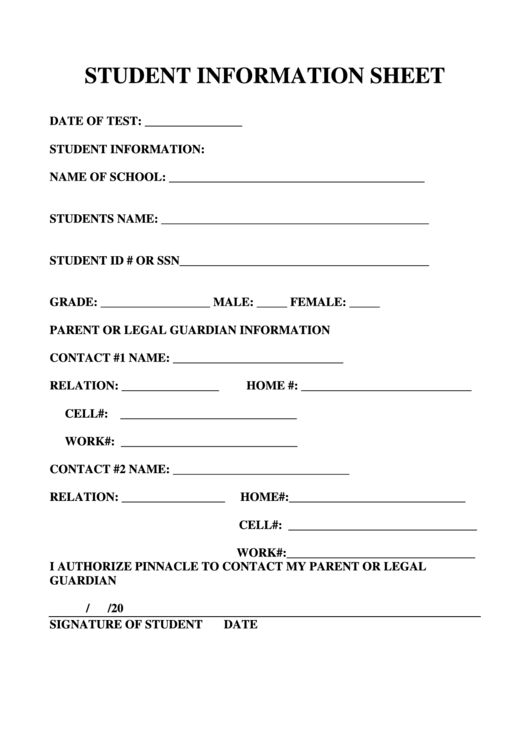 Student Information Sheet Template Printable pdf