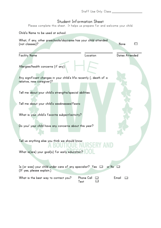 Student Information Sheet - Ivy A Boutique Nursery And Pre School Printable pdf