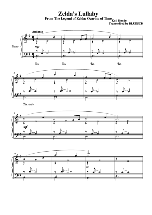Zelda S Lullaby From The Legend Of Zelda - Koji Kondo Sheet Music Printable pdf