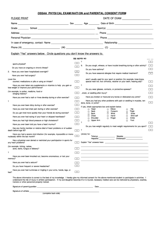 Top Ossaa Physical Examination And Parental Consent Form Templates free
