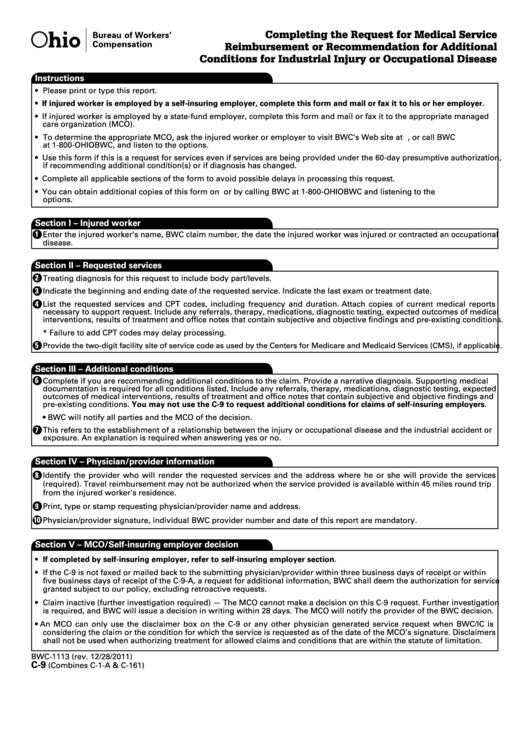 Form C-9 (Ohio) - Request For Medical Service Reimbursement Or Recommendation For Additional Conditions For Industrial Injury Or Occupational Disease Printable pdf