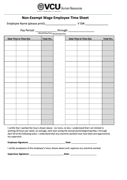 Non-Exempt Wage Employee Time Sheet Template Printable pdf