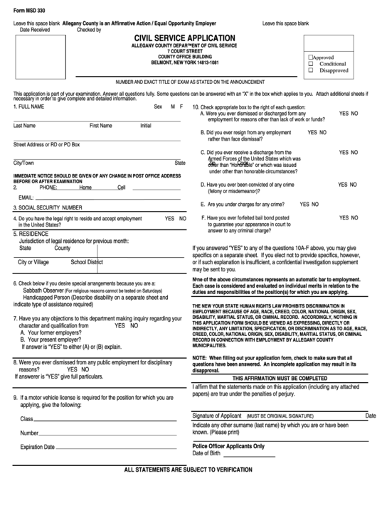 Fillable Form Msd 330 Civil Service Application Form printable pdf