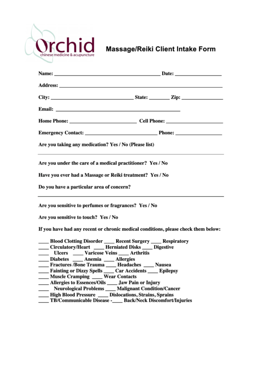 Massage/reiki Client Intake Form Printable pdf