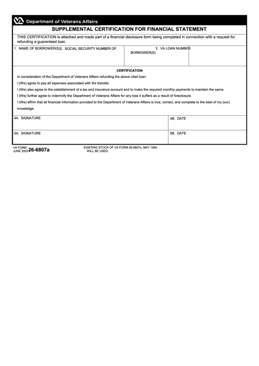 Fillable Va Form 26-6807a - Supplemental Certification For Financial Statement Printable pdf