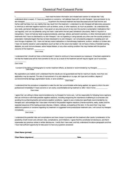 Chemical Peel Consent Form Printable pdf