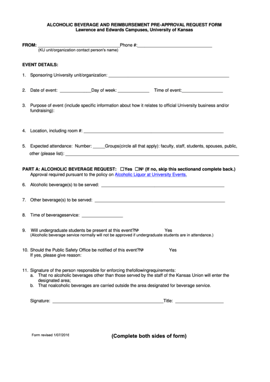 Fillable Alcoholic Beverage And Reimbursement Pre-Approval Request Form Printable pdf