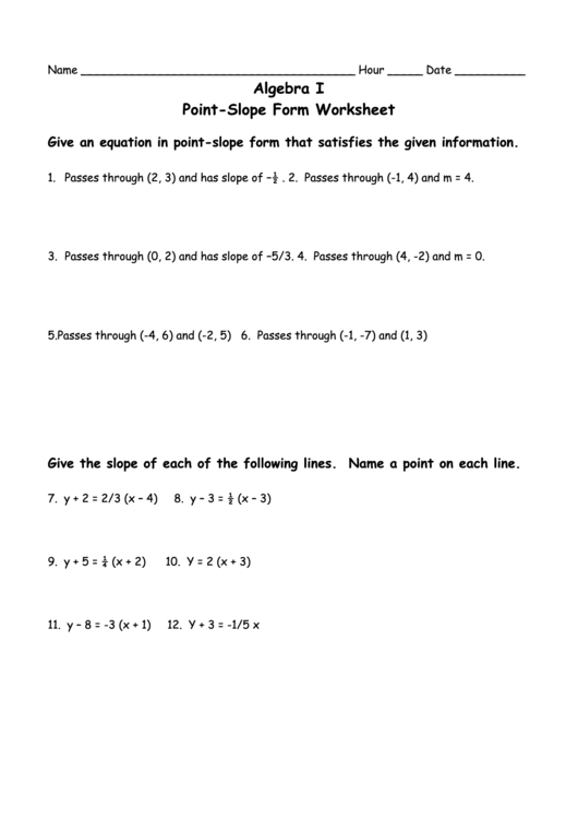 Algebra I Point-Slope Form Worksheet Printable pdf