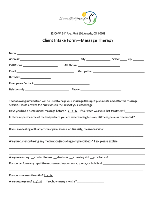 Client Intake Form - Massage Therapy Printable pdf
