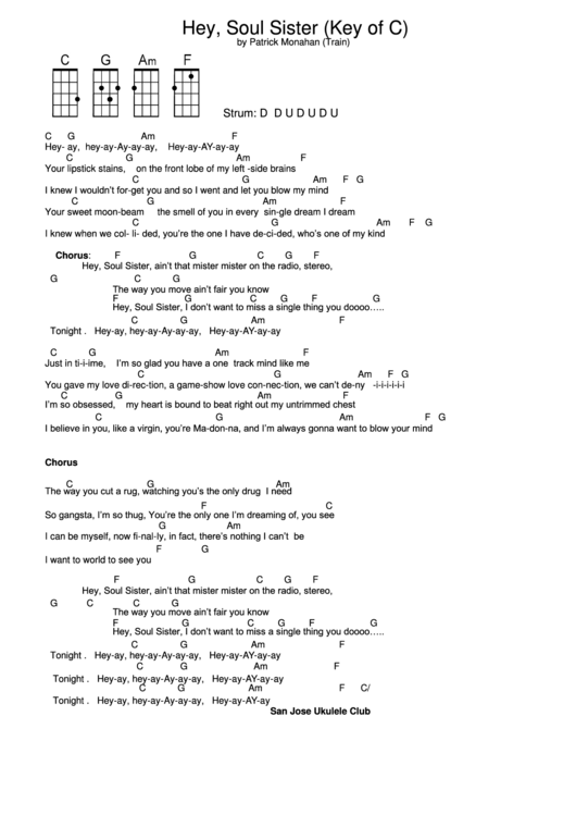 Patrick Monahan - Hey, Soul Sister (Key Of C) Chord Chart Printable pdf