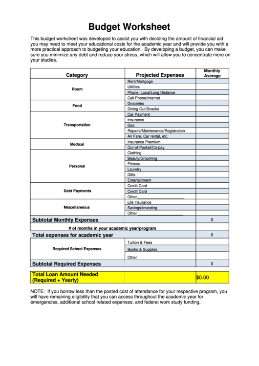 Fillable Student Budget Worksheet Template Printable pdf