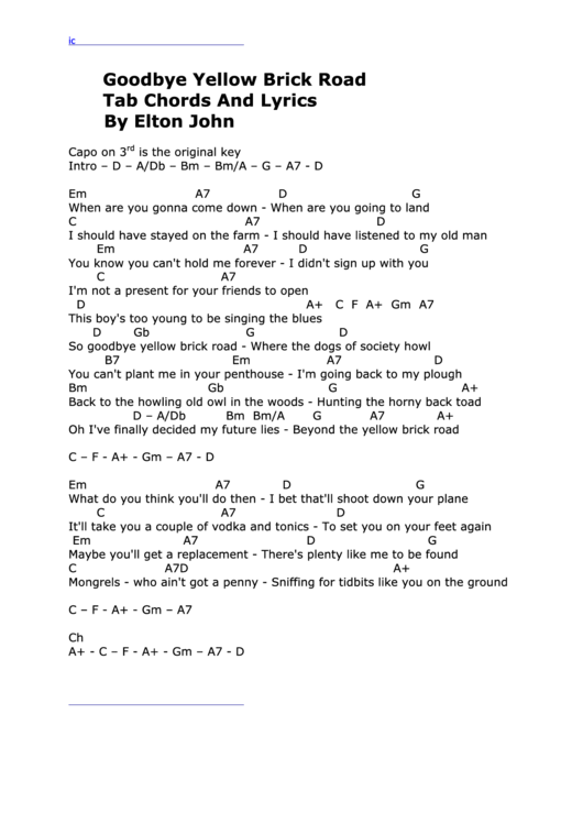 Goodbye Yellow Brick Road Tab Chords And Lyrics By Elton John Printable pdf