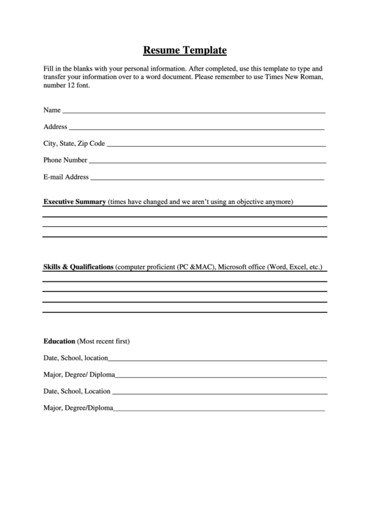 Resume Worksheet Template printable pdf download