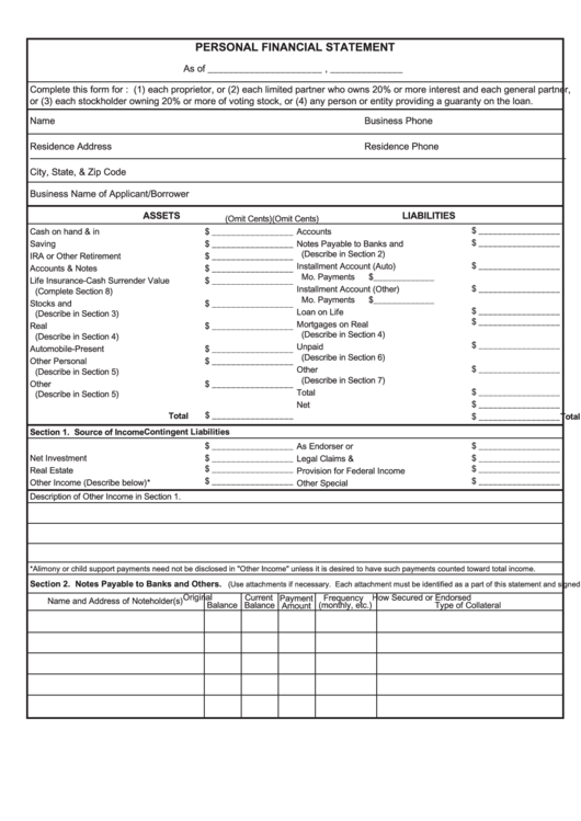 Personal Financial Statement Template Printable pdf