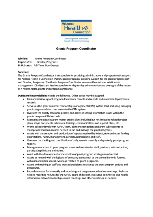 Grants Program Coordinator Sample Job Description Printable pdf
