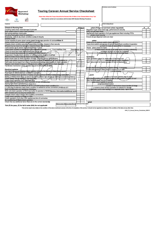 Touring Caravan Annual Service Checksheet Printable pdf