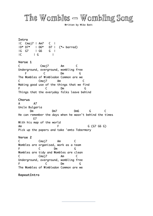 The Wombles - Wombling Song Printable pdf