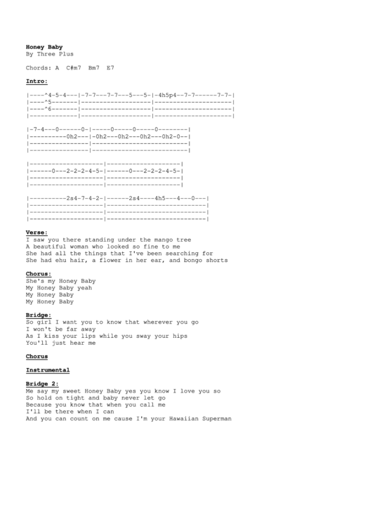 "Honey Baby" By Three Plus - Ukulele Chord Chart Printable pdf