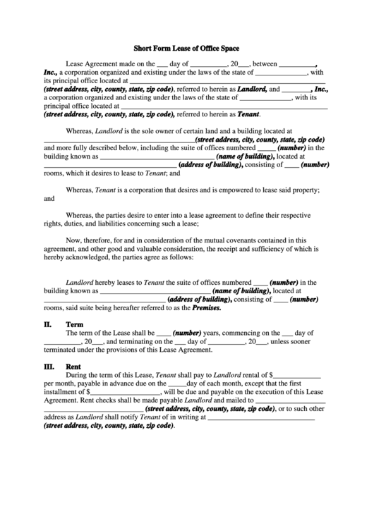 Short Form Lease Of Office Space Printable pdf