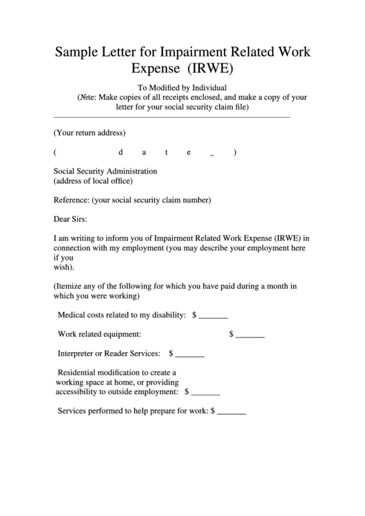 Sample Letter For Impairment Related Work Expense (Irwe) Printable pdf