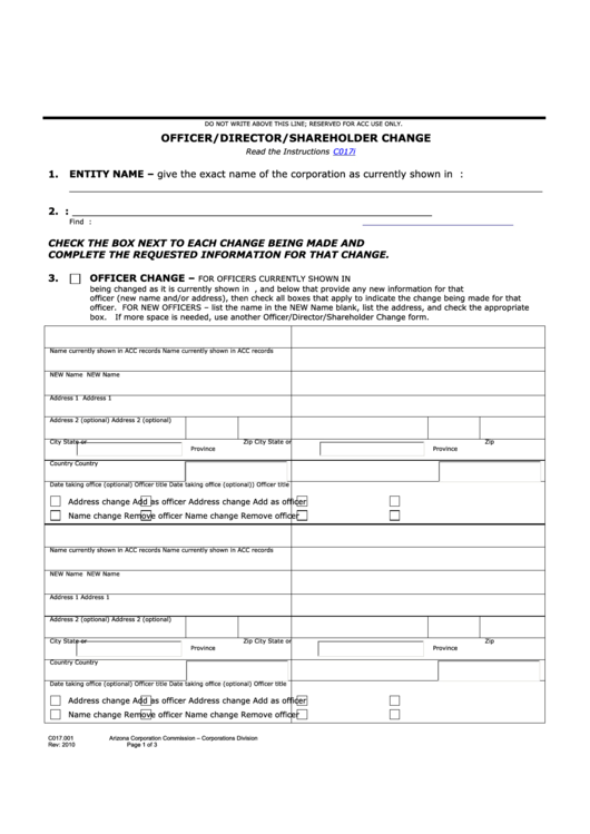 Fillable Form C017.001 Application For Officer/director/shareholder Change Form 2010 Printable pdf