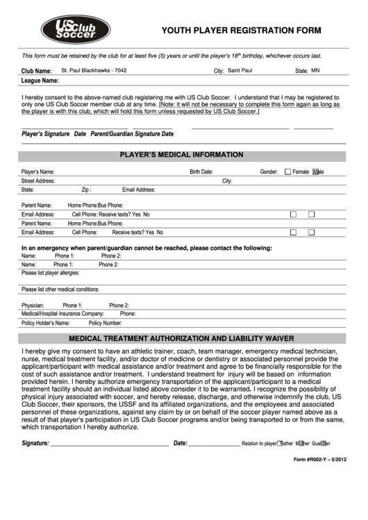 Fillable Us Club Soccer Youth Player Registration Form Printable pdf