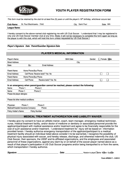 Us Club Soccer Youth Player Registration Form