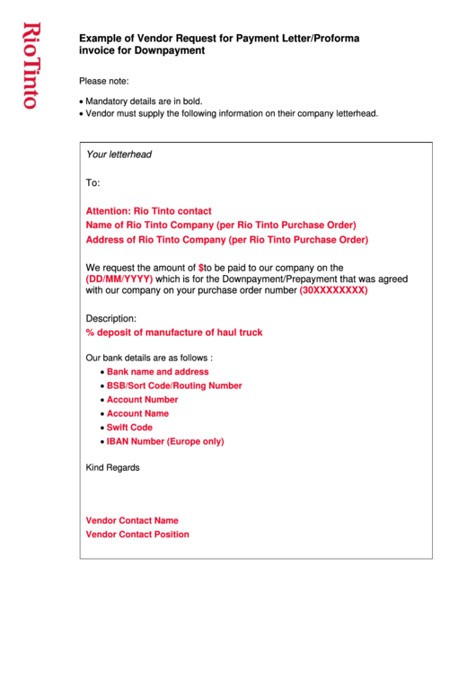 Example Of Vendor Request For Payment Letter/proforma Invoice For Downpayment Printable pdf