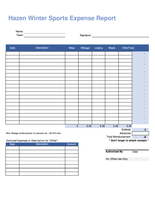 Hazen Winter Sports Expense Report Printable pdf