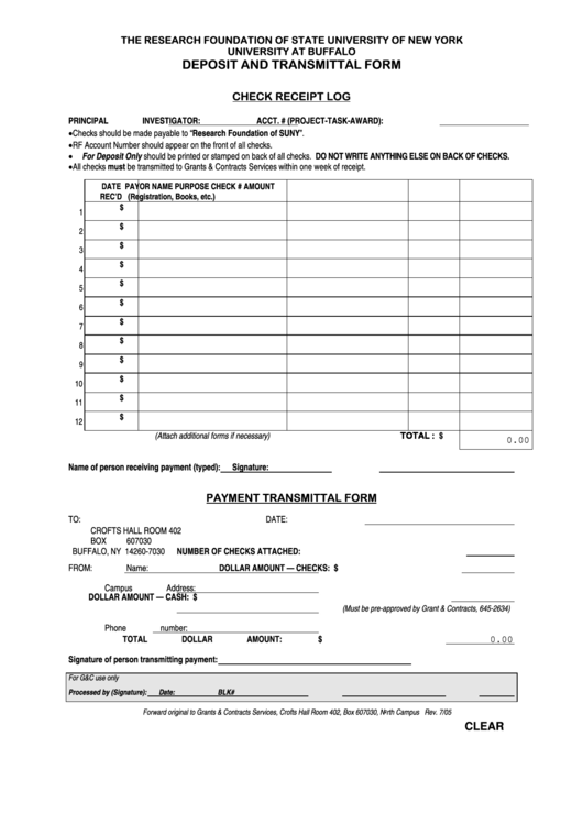 Fillable Deposit And Transmittal Form - University At Buffalo Printable pdf