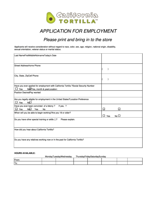 Application For Employment - California Tortilla Printable pdf