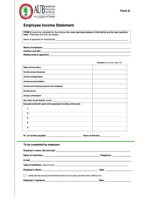 Employee Income Statement Template Printable pdf