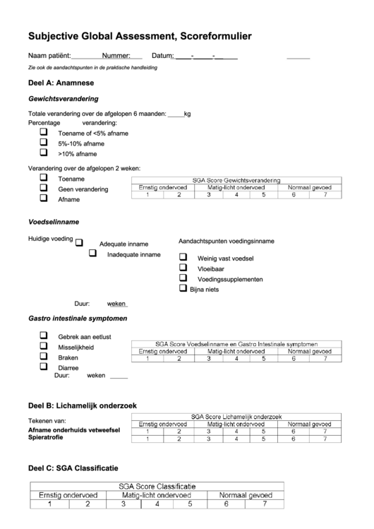Subjective Global Assessment, Scoreformulier Printable pdf