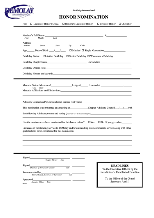 Fillable Honor Nomination Form Printable pdf