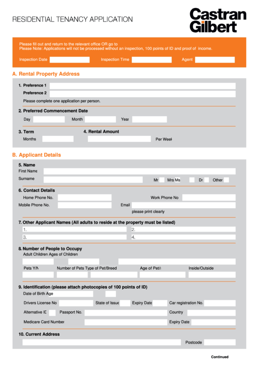 Residential Tenancy Application Form Printable pdf