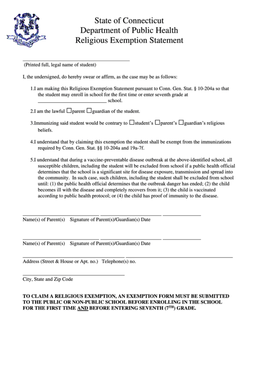 Religious Exemption Form - Connecticut Department Of Public Health Printable pdf